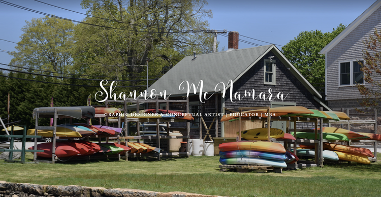 "Graphic Designer & Conceptual Artist | Educator | MBA" in front of a boathouse with lots of canoes and kayaks