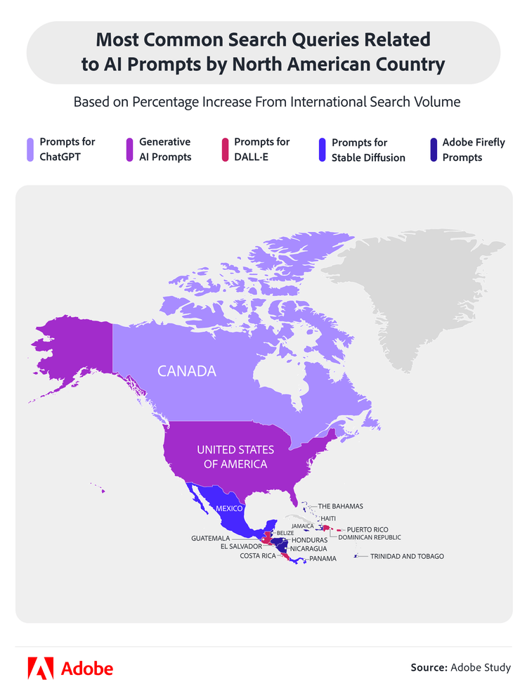 Most common search queries related to AI prompts by North American country