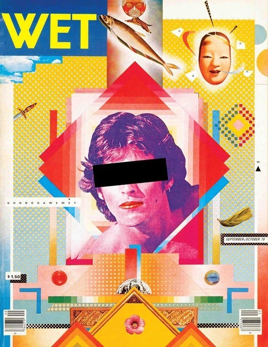 Colorful magazine collaged cover centering a photograph of a long-haired man's face rendered in purple and pink tones at center wearing lipstick and a black bar placed over his eyes, as if censored. Layers of geometric shapes radiate from the central image and a variety of objects including a fragment of a sword, a fish, a flower, and an East Asian mask are scattered throughout.