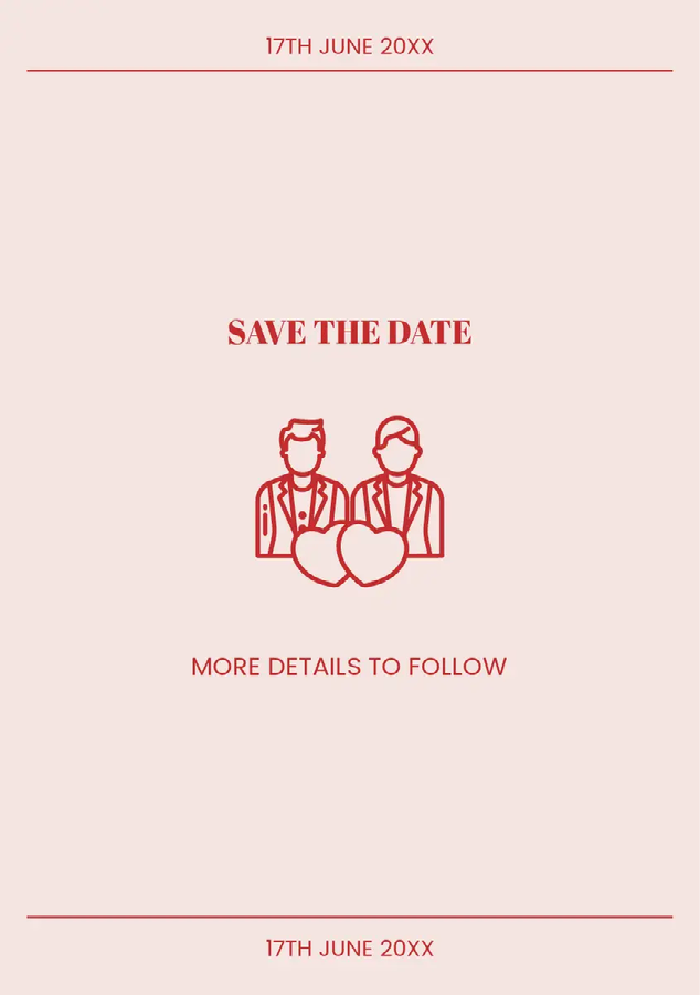 A white and red wedding save-the-date card with event details and an icon of a couple with two hearts