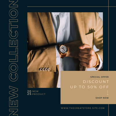 An Instagram social media marketing post promoting a new suit collection and offering a 50% off discount