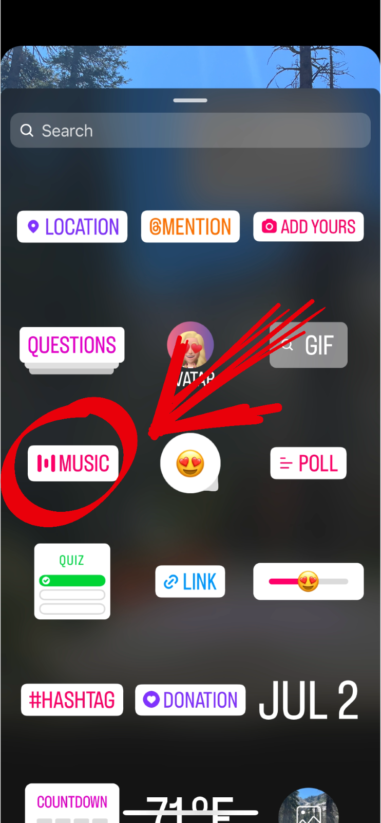 A screenshot of the Instagram Story editor with a red arrow pointing to where you can add music