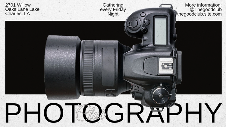 A Facebook banner promoting a photography club with relevant details with an image of the top of a digital camera