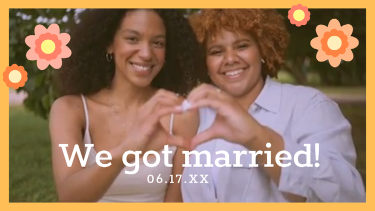 An image from a wedding video of a couple making a heart with their hands with icons of flowers