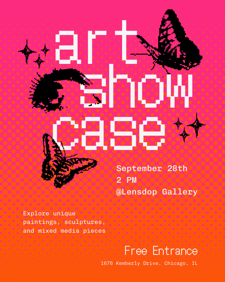 Pink and orange pixelated art showcase poster