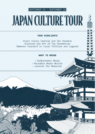 A poster of a Japanese pagoda and a snow covered mountain that says