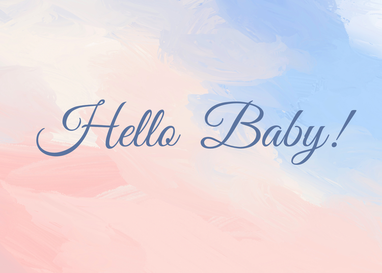 "Hello Baby!" pregnancy announcement written in cursive against a light pink and light blue painted background