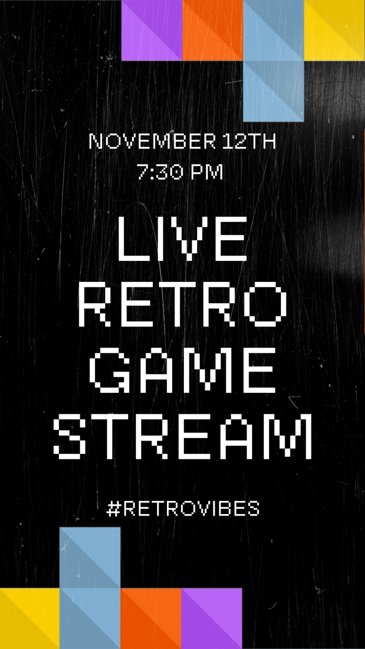 Black pixelated advertisement for a retro game stream