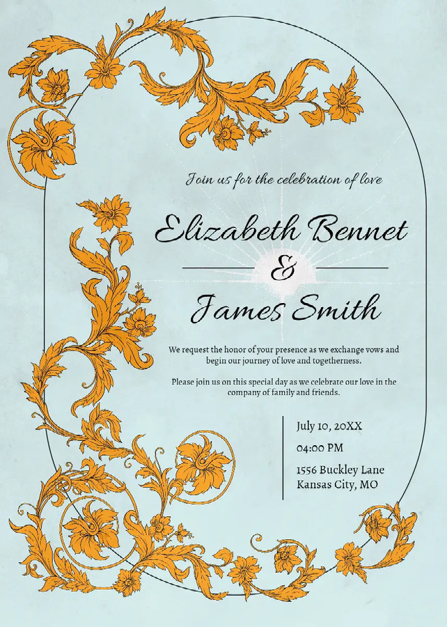 A blue and yellow floral wedding invitation with event details