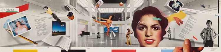 Landscape-oriented poster showing a long gallery space as a setting for collaged and layered images including a foregrounded woman from the neck up wearing heavy makeup, a pencil, a gymnast, flat photographs, film rolls, a cellist, and other assorted figures and symbols of creative practices. Typography appears on the diagonal and various collage elements recede into space.
