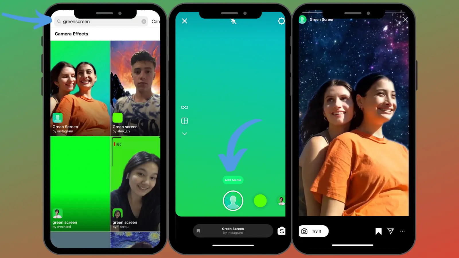 Instagram green screen  Three slides showcase how to use green screen effects on Instagram Stories