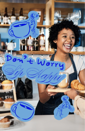 A template of a female barista in an apron giving someone their coffee and pasty. Text overlay of coffee and a quote