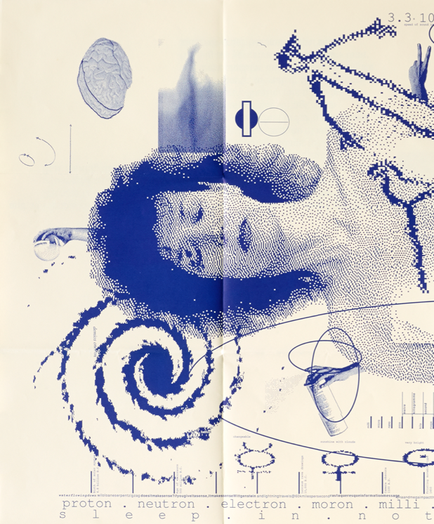 Cropped layered digitized image with a long-haired woman's nude head and shoulders and with scattered images including a brain, cave paintings, a spiral around her. A timeline of technologies and atomic language is placed at the bottom.