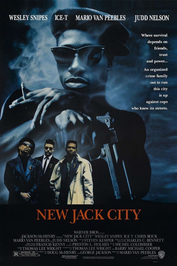 A Black man wearing sunglasses and a beret smokes a cigarette and holds a gun pointed downward in the foreground. Three smaller scale men are placed under him.