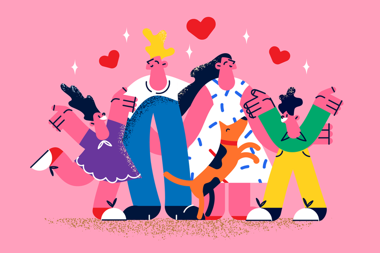 An illustration of a smiling family of four, with two kids throwing their arms in the air and a dog jumping, with hearts floating overhead against a pink background.