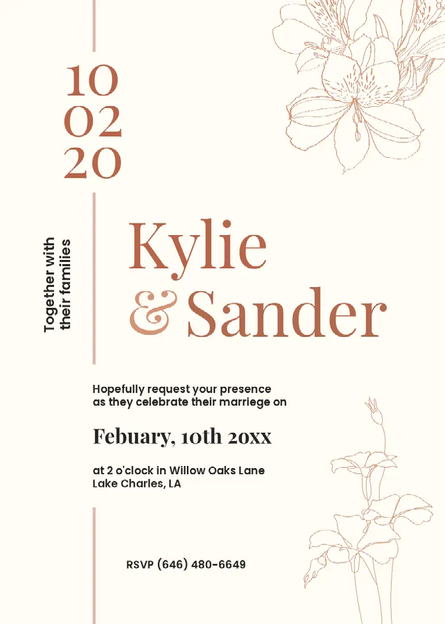 A white and brown floral wedding invitation with event details