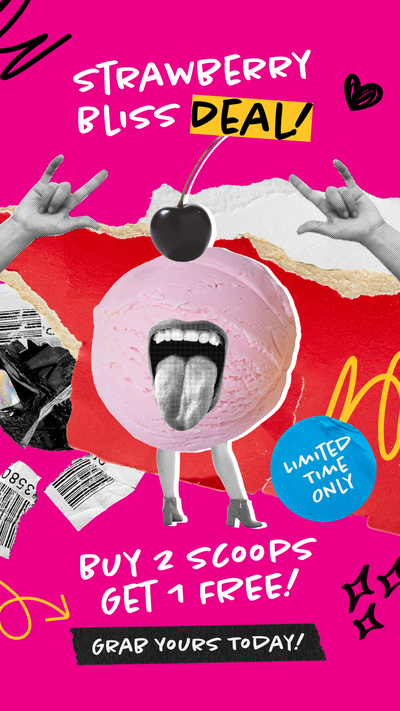 a template with a hot-pink background and a mouth with a tongue poking out of a strawberry ice cream scoop. It says