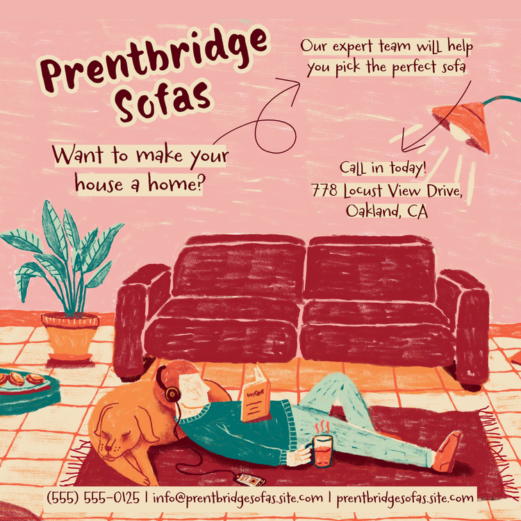 Illustrated advertisement for sofas