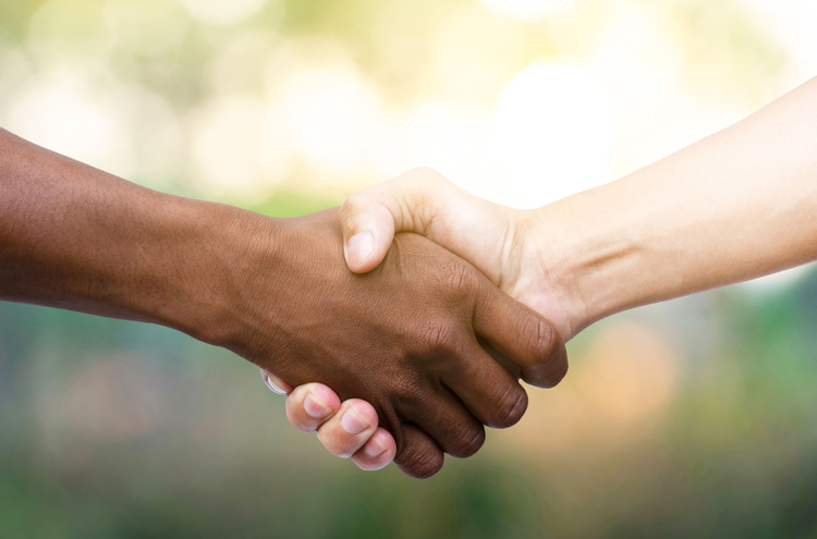 Handshake Two hands are held in a handshake. One hand has a darker skin-tone, while the other is white.