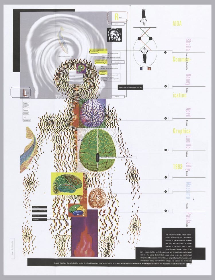 Portrait-oriented poster featuring a colorful fragmented silhouette of a human body with differently colored brains over different areas of the figure. Other elements are layered behind and are semi transparent, including a fish and an organic spiral pattern at top left. The names of several people run down the right side of the poster and other assorted text is regularly placed throughout.