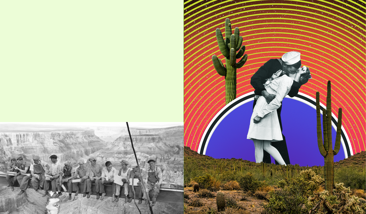 "Lunch atop a Skyscraper image edited to have a background of the Grand Canyon "V-J Day in Times Square" image edited to be in a desert with a blue semi-circle background with yellow circular lines extending outward