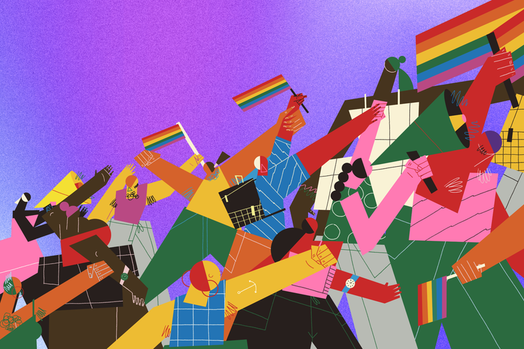 Illustration of a crowd of people, some are holding pride flags