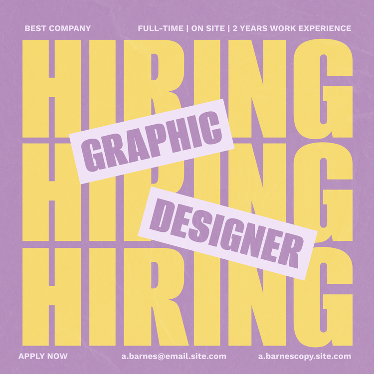 Purple and yellow recruitment social media graphic