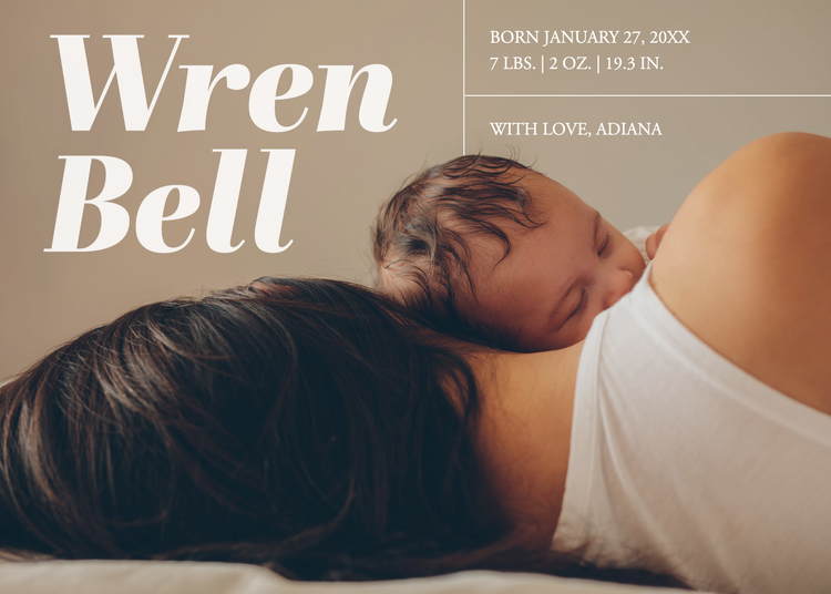 "Wren Bell" announcement with birth details and a person lying on their side facing away cradling a baby that is facing the camera