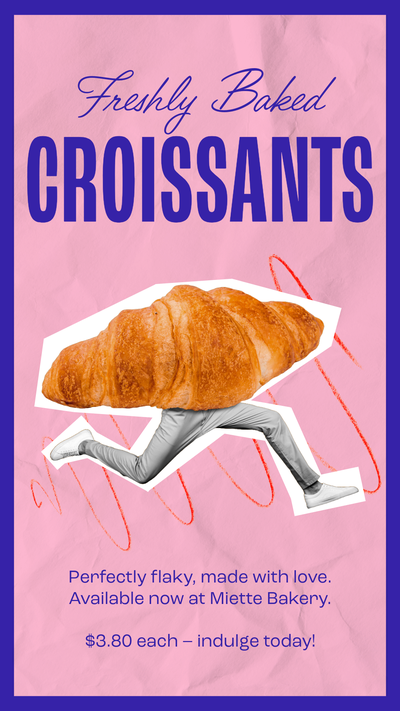 A pink background and blue border with a croissant that has men's running legs coming out of it, saying