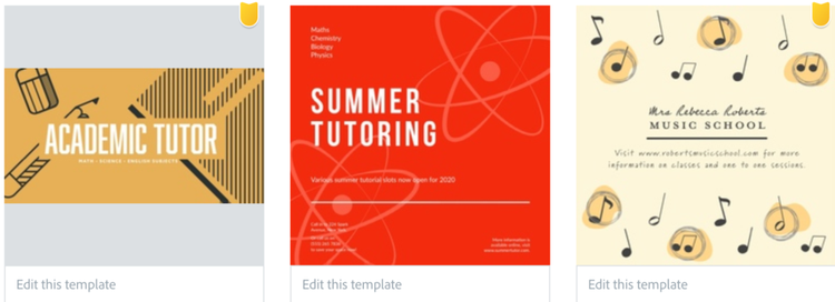 Three tutoring flyer templates from Adobe Express.
