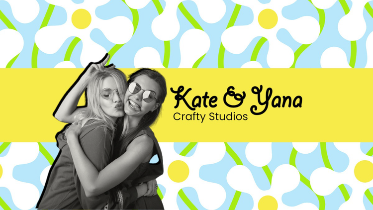 A YouTube banner for Kate & Yana Crafty Studios with a black and white image of two people posing against a graphic floral background