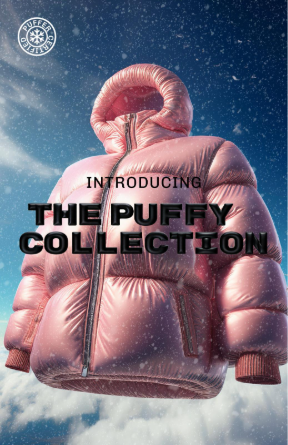 a pink puffy coat suspended in air with blue sky and clouds, saying