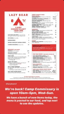 Camp Commissary poster featuring a menu and the announcement that the place is ope
