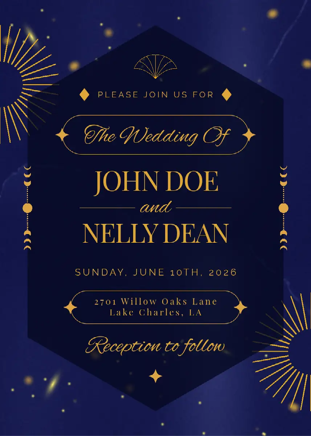 A dark blue and gold wedding reception card with event details