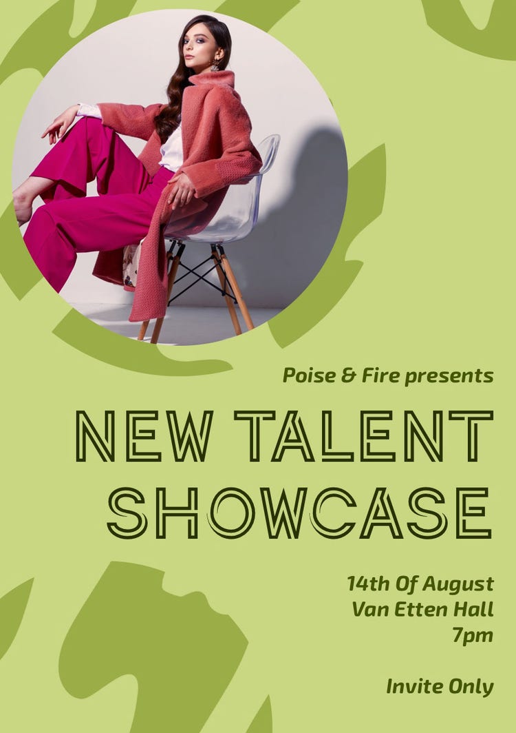 Green New Fashion Talent Showcase Event Flyer