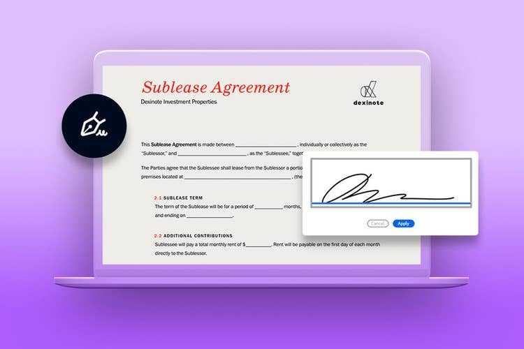 A graphic of signing a sublease agreement on a laptop using Adobe Sign