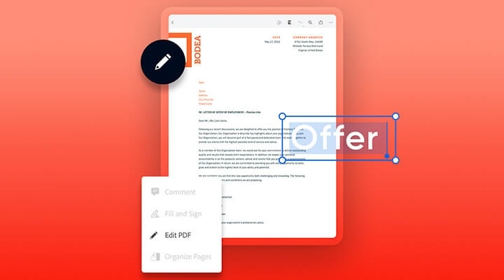 A graphic of editing a PDF of a letter of employment offer on a tablet device with Adobe Acrobat DC