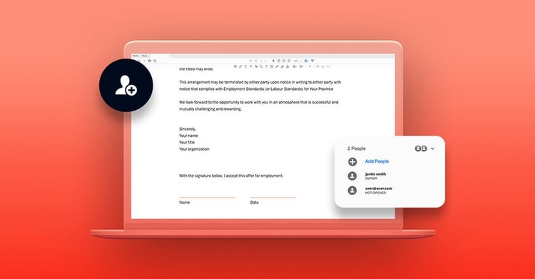 A graphic of adding people to view a PDF for a letter of employment offer on a laptop using Adobe Acrobat DC