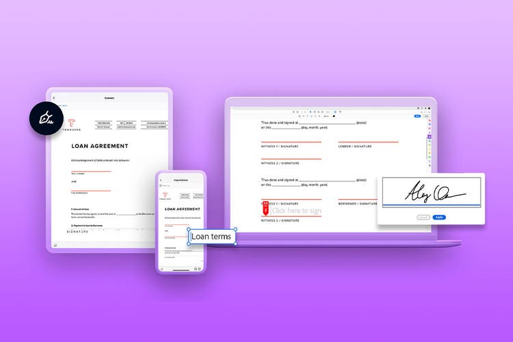 A loan agreement being viewed across a tablet, mobile phone, and laptop using Adobe Sign