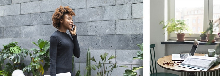 A woman with a black sweater talking on a phone outdoors next to a photo of a laptop and glasses on a desk.