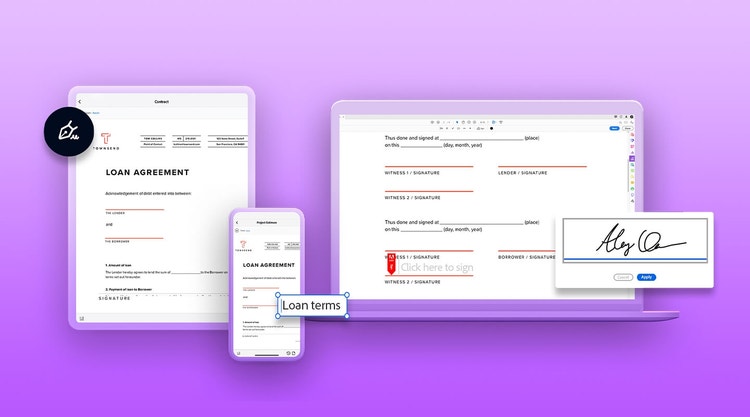 A loan agreement being viewed across a tablet, mobile phone, and laptop using Adobe Sign