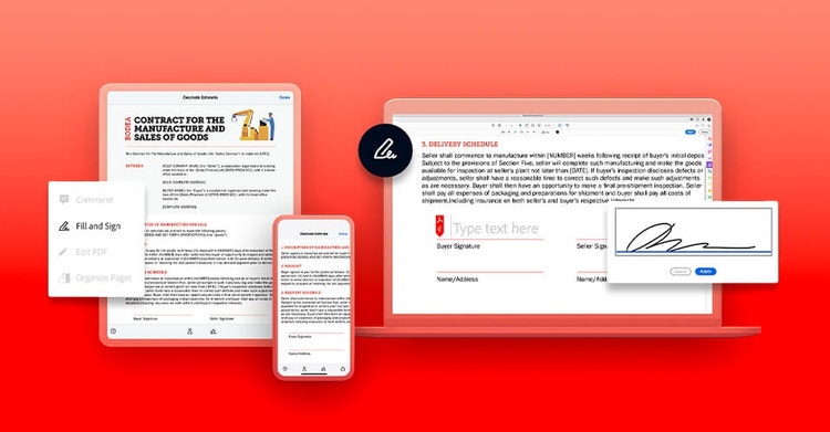 A business contract being viewed across a tablet, mobile phone, and laptop using Adobe Sign