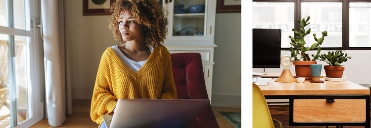 A photo of a person sitting on a chair with their laptop on their lap while staring out a window next to a photo of a wooden desk with a desktop computer and plants on it