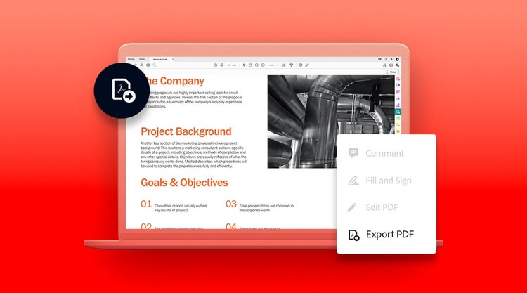 A graphic of a business proposal being exported to a PDF using Adobe Acrobat DC on a laptop