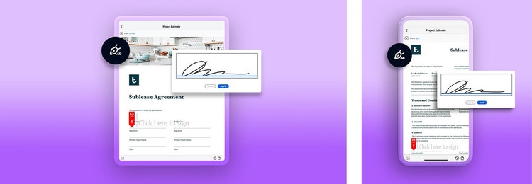 A graphic of signing a sublease agreement on a tablet device using Adobe Sign next to a graphic of a sublease agreement on a mobile phone