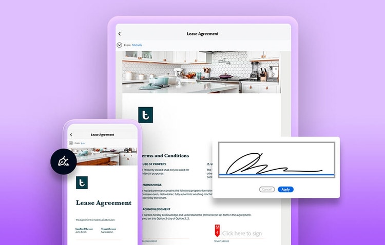 A graphic of signing an apartment lease agreement on a mobile phone next to one on a laptop using Adobe Sign