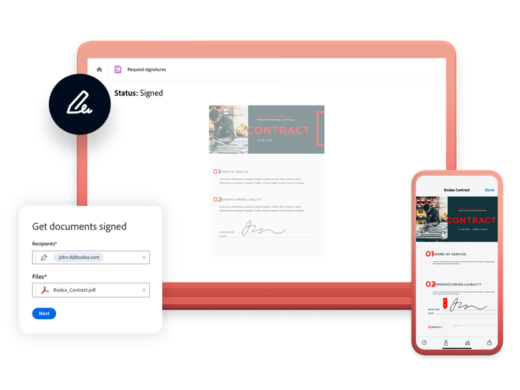 Ordinateur et appareil mobile affichant un PDF avec fenêtres contextuelles montrant comment obtenir des documents signés sur l’un ou sur l’autre