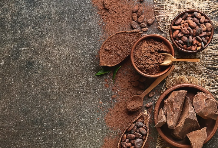 Fèves de cacao et chocolat en poudre de couleur marron