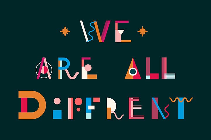 Illustration multicolore sur arrière-plan noir dit « we are all different »