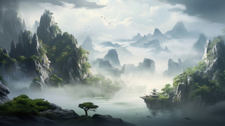 Concept art d’un paysage fantaisie dans la brume